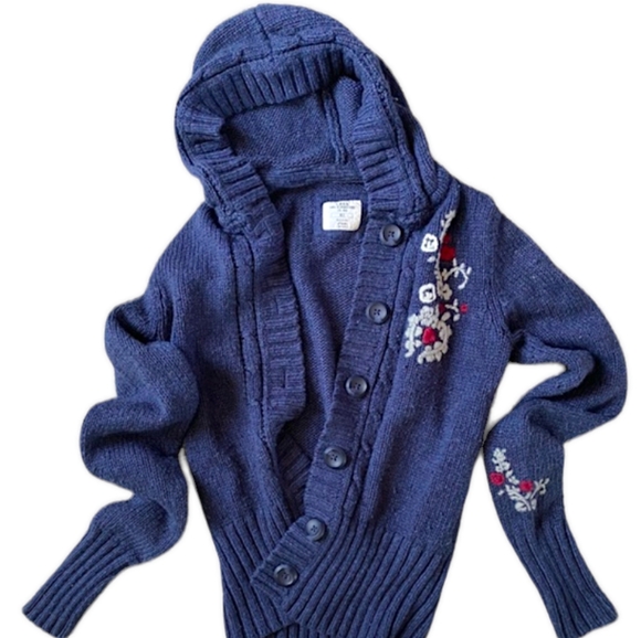 H&M Hooded Knit Cardigan w/ Embroidered Flowers, Cropped Sweater Hoodie LOGG, S - Picture 2 of 9